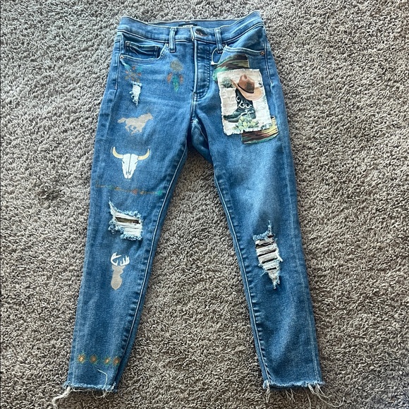 Express Denim - Express Blue Skinny Jeans with Cowboy themed Distressed Patches